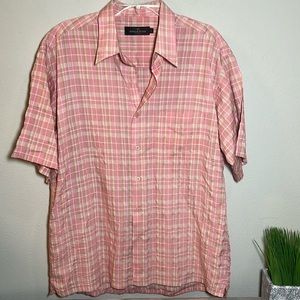 Bugatchi Pink Plaid Check Button Down Short Sleeve Shirt Large